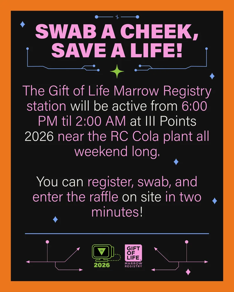 Swab a cheek, save a life! The Gift of Life Marrow Registry station is active from 6:00 PM til 2:00 AM near the RC Cola plant all weekend. Register, swab and enter the raffle on site in two minutes.